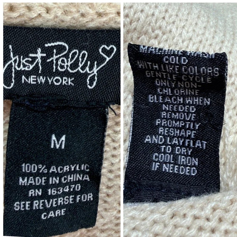 Just Polly V-Neck Sweater Women's Medium Beige Red Lips Print Fringed Grunge Top - Picture 7 of 7